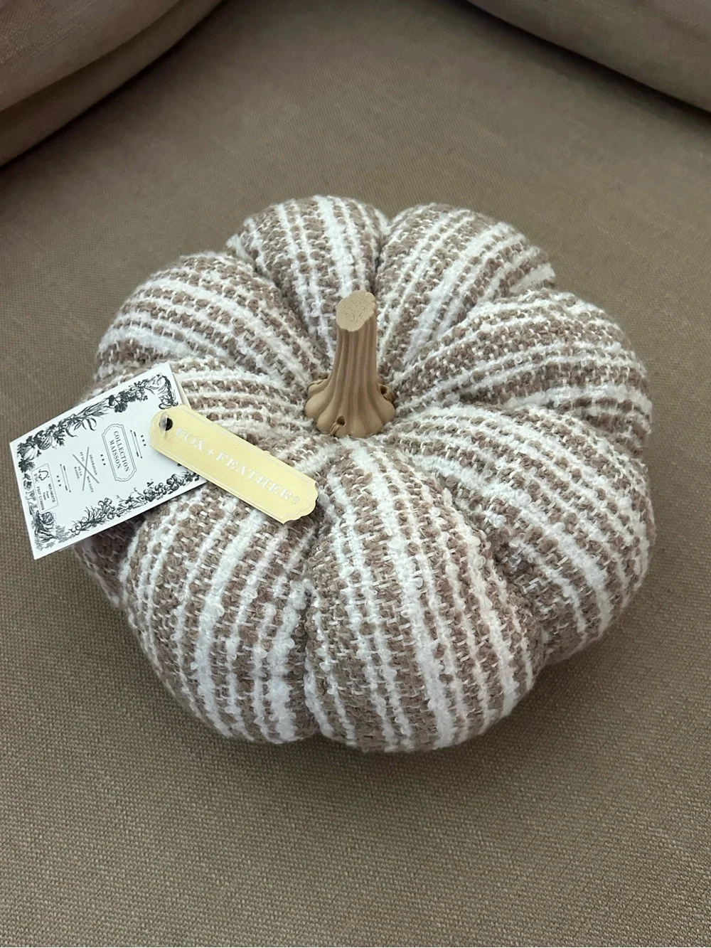 “New” Fox + Feather Neutral Striped Knit Pumpkin Holiday Pillow